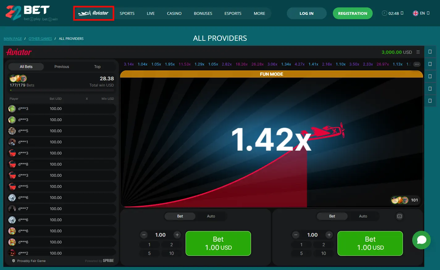 22 Bet Aviator Crash games Screenshot